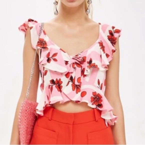 Topshop Pink Flutter Sleeve Tie Front Cropped Blouse - Picture 1 of 6